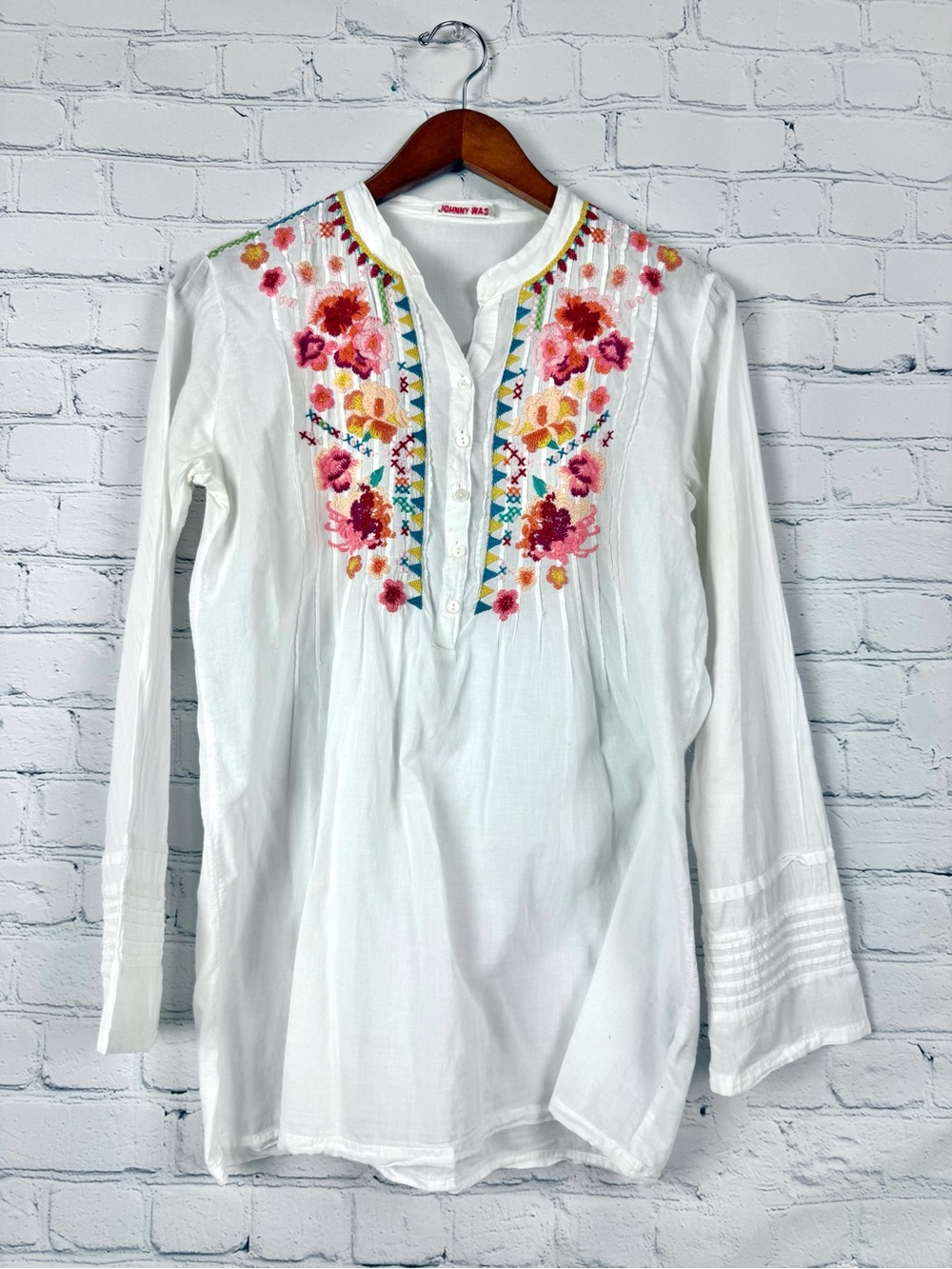 Johnny Was White Cotton Tunic Multicolor Floral Embroidery XS